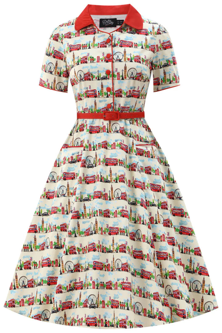 1950's Style Vintage-Dress with a colourful London pattern on a white background