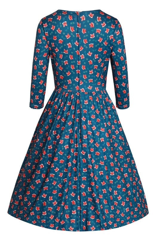 Dolly and Dotty Billie Long Sleeved Blue Fox Print Vintage Style Dress, Back