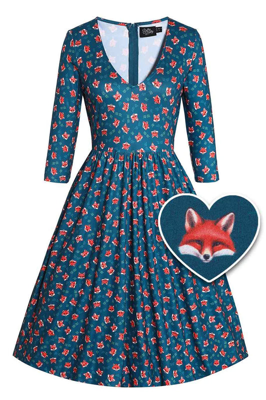 Dolly and Dotty Billie Long Sleeved Blue Fox Print Retro Dress, Front