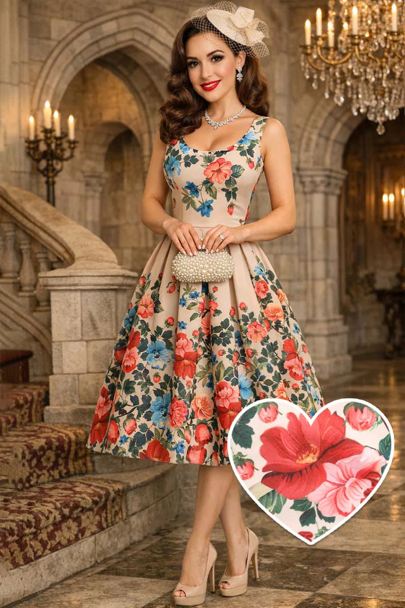 Woman in a floral dress standing in an elegant interior setting with a heart-shaped inset of a floral design.