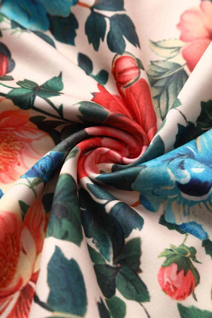 Fabric close up of Floral vintage-style swing dress.