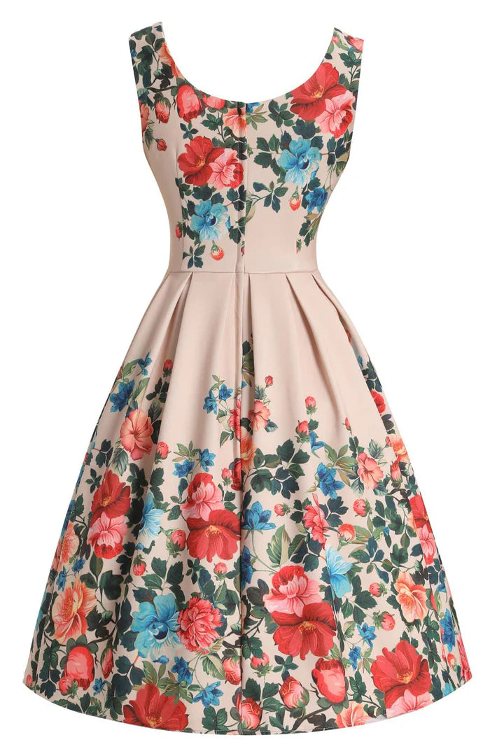 Floral swing dress with a floral pattern on a white background, Back.