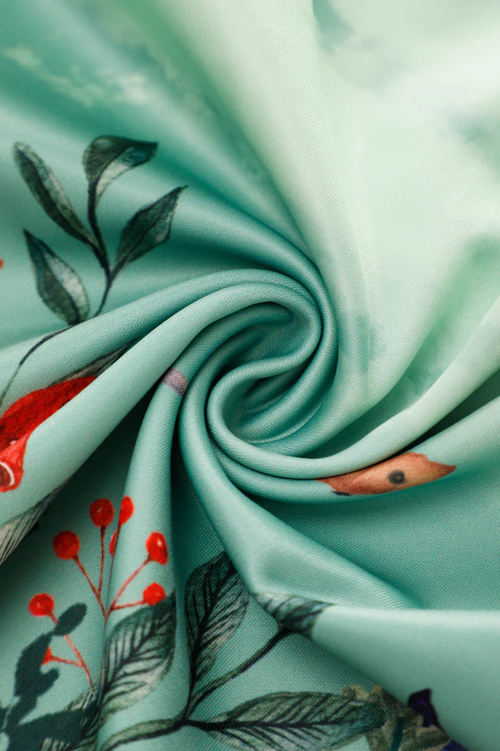 Vintage Pleated Skirt with forest design featuring mushrooms and fairies, close-up of fabric