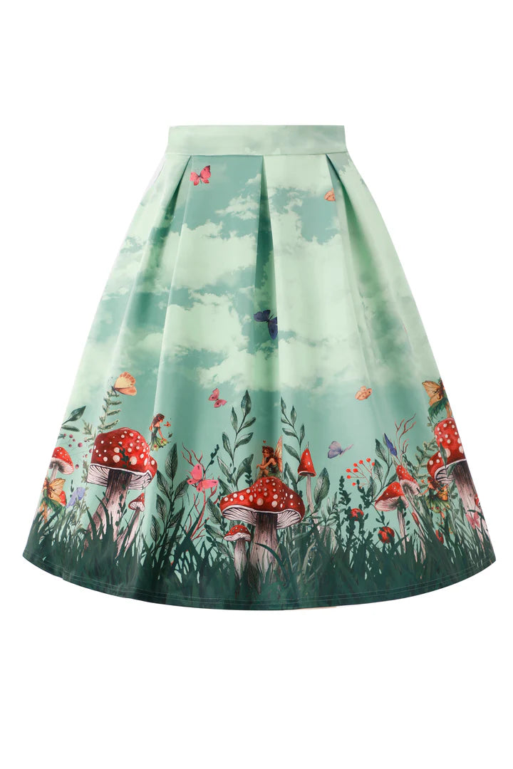 Vintage Pleated Skirt with forest design featuring mushrooms and fairies on a white background, front.
