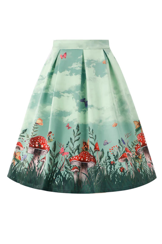 Vintage Pleated Skirt with forest design featuring mushrooms and fairies on a white background, front.