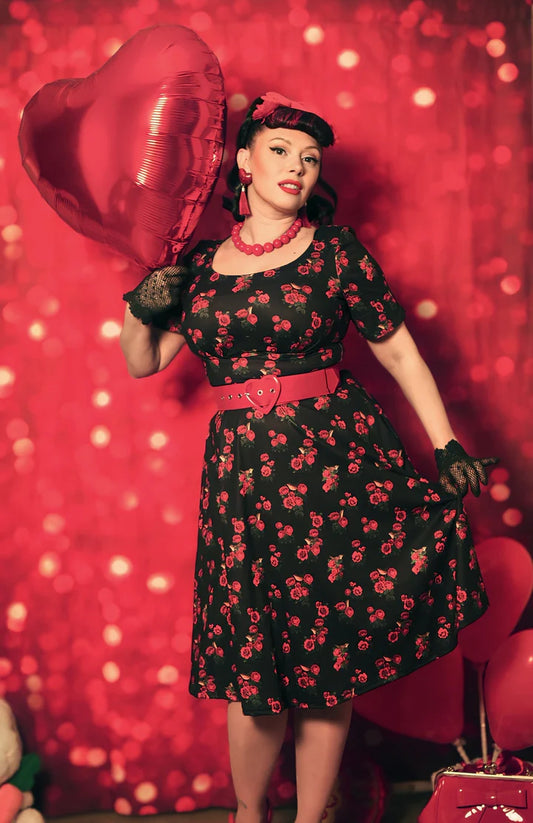 Dolly and Dotty Brenda Black Rose and Bird Print Vintage Style Retro Dress, Front