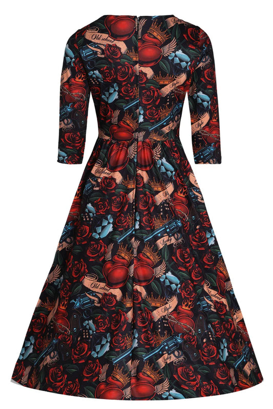 Dolly and Dotty Billie Long Sleeved Guns and Roses Print Retro Vintage Dress, Back