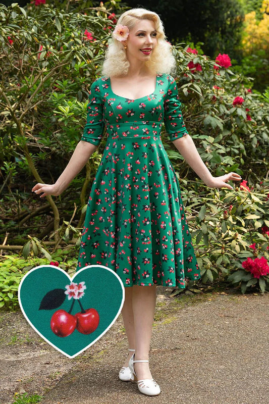 Dolly and Dotty Emerald Cherry Print Sweetheart Vintage Dress, Front