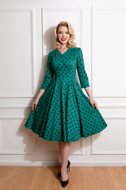 Hearts and Roses London Finley Green Polka Dot Swing Vintage Style Dress, Front