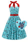 Blue dress with red accents and a heart-shaped design overlay on a white background