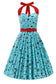 Blue vintage-style dress with red accents on a white background, front view