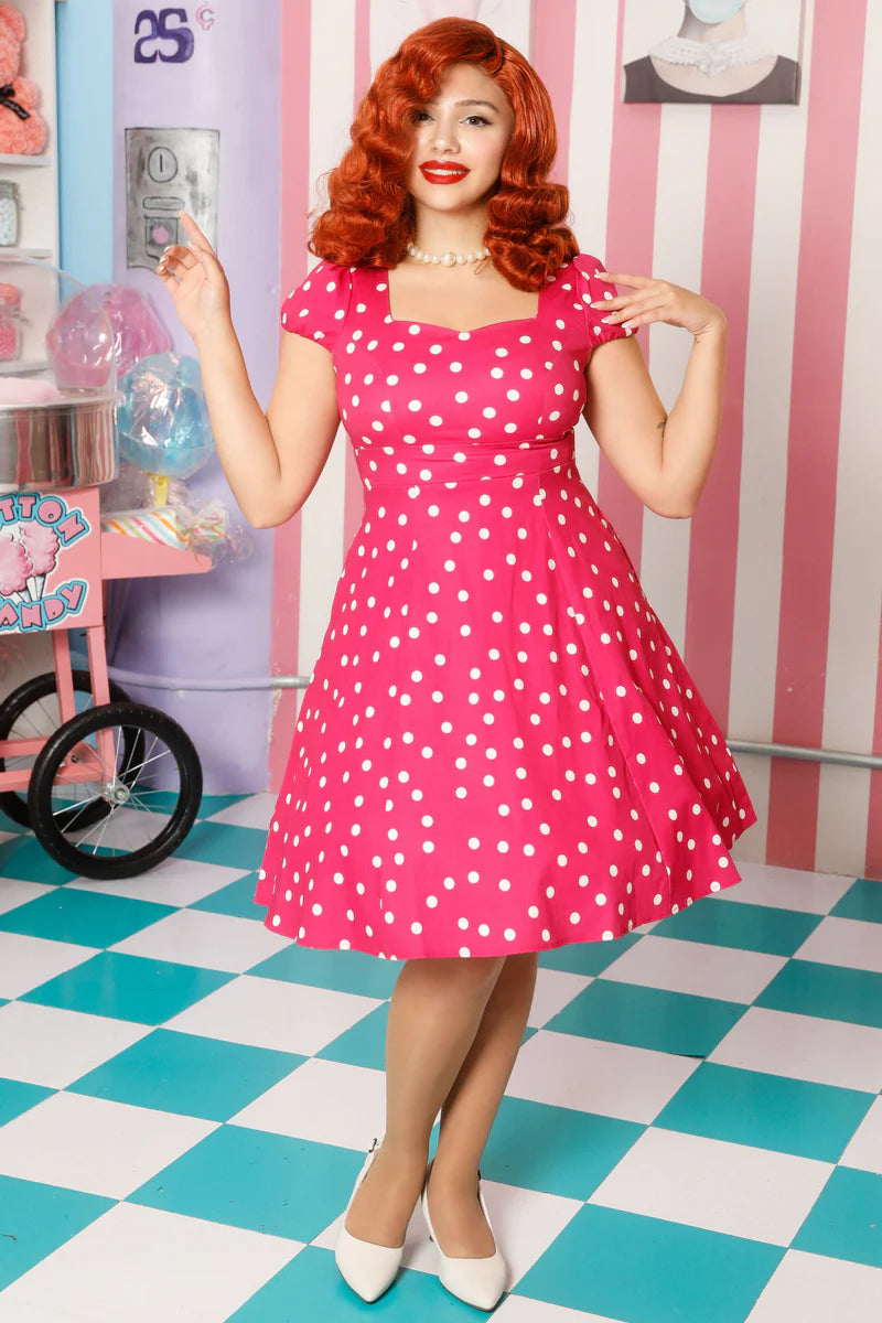 Dolly and Dotty Hot Pink Polka Dot 1950s Dress, Front