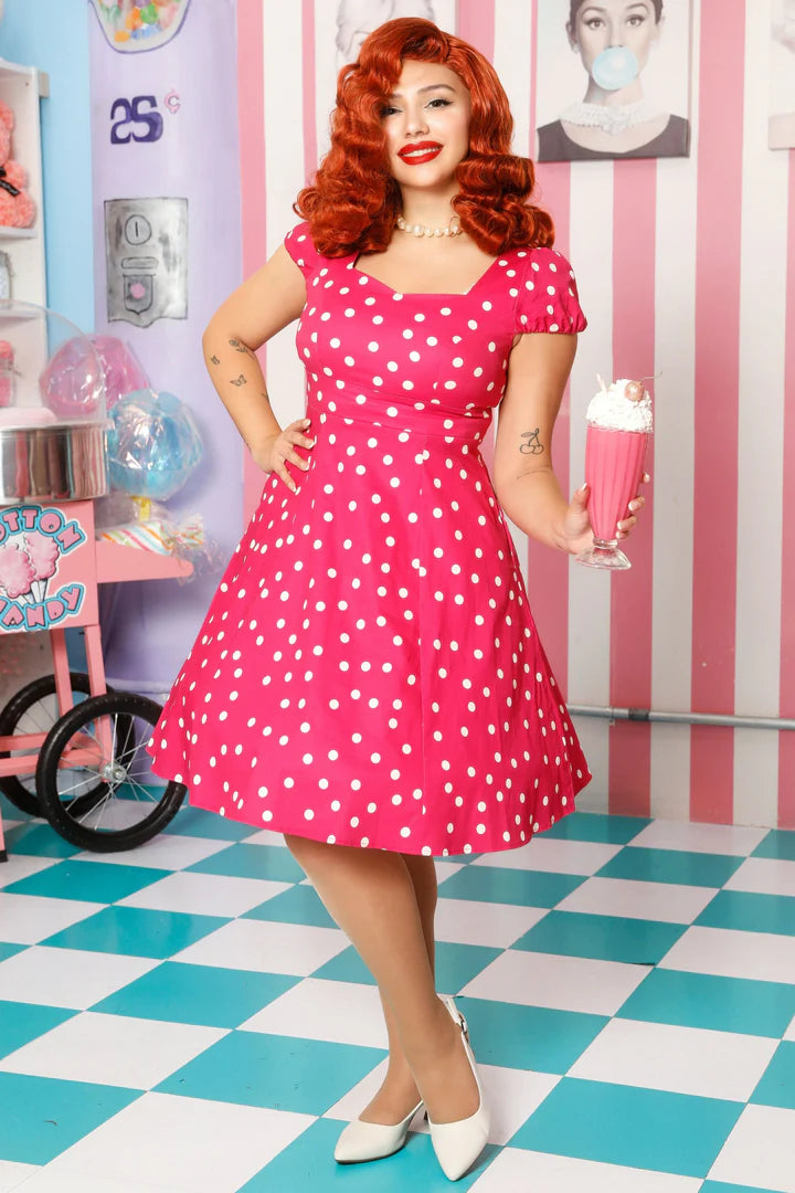 Dolly and Dotty Claudia Hot Pink Polka Dot Vintage Dress 1950s Style, Front